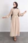 Önü Nervürlü Elbise Y0094 - BEJ