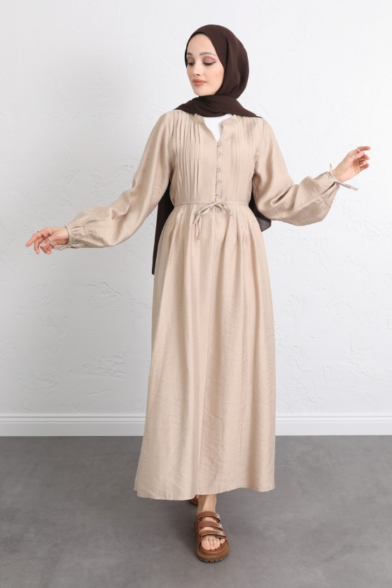 Önü Nervürlü Elbise Y0094 - BEJ