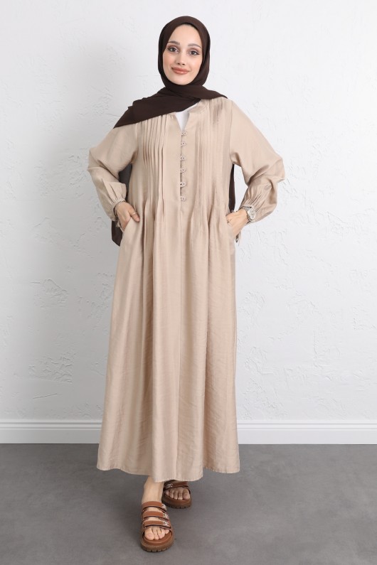 Önü Nervürlü Elbise Y0094 - BEJ