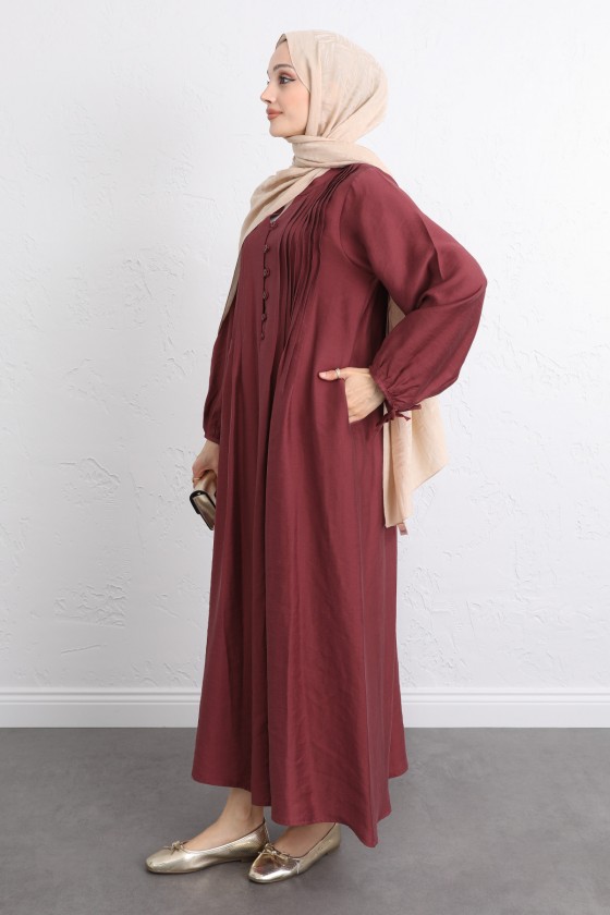 Önü Nervürlü Elbise Y0094 - BORDO