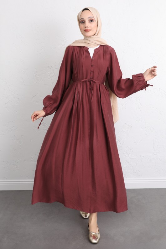 Önü Nervürlü Elbise Y0094 - BORDO