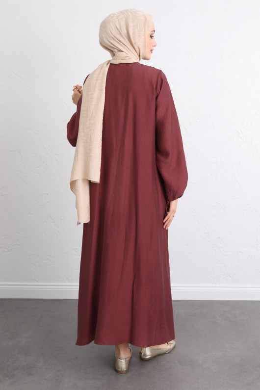 Önü Nervürlü Elbise Y0094 - BORDO