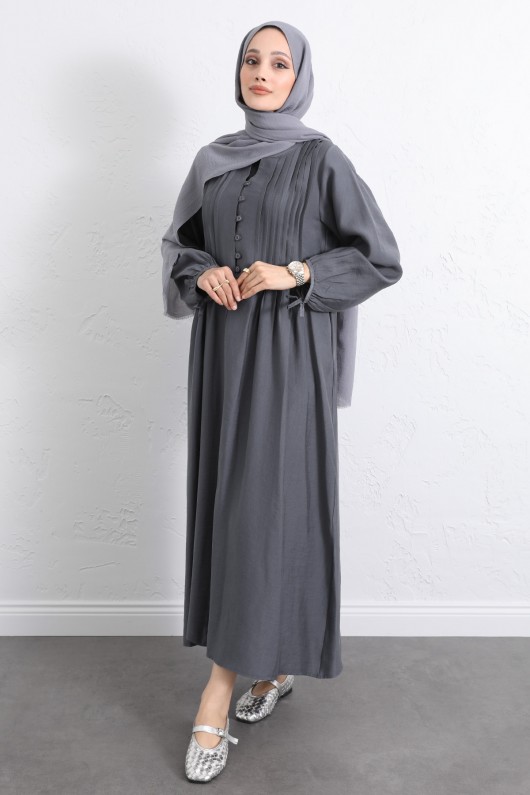 Önü Nervürlü Elbise Y0094 - FÜME