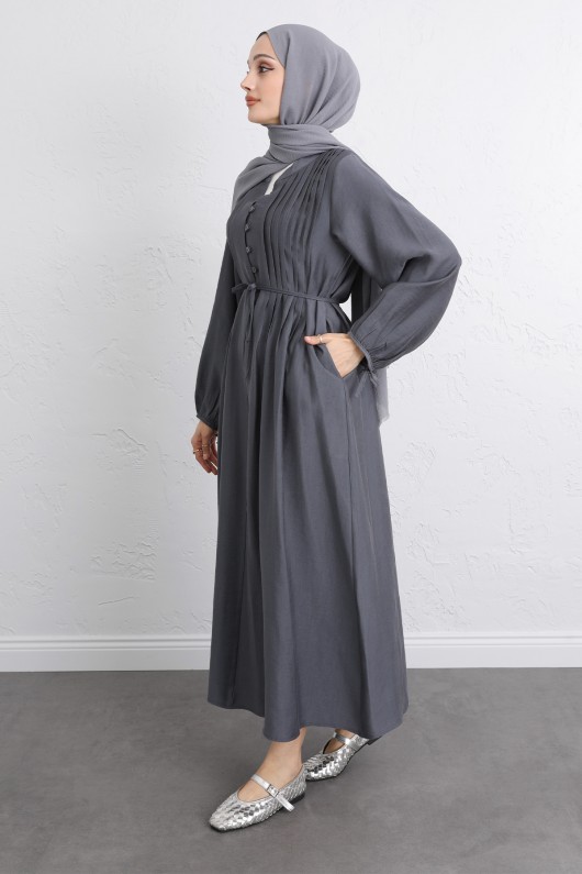 Önü Nervürlü Elbise Y0094 - FÜME