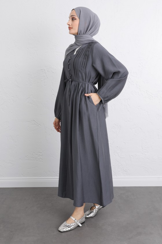 Önü Nervürlü Elbise Y0094 - FÜME