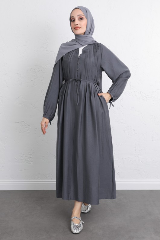 Önü Nervürlü Elbise Y0094 - FÜME