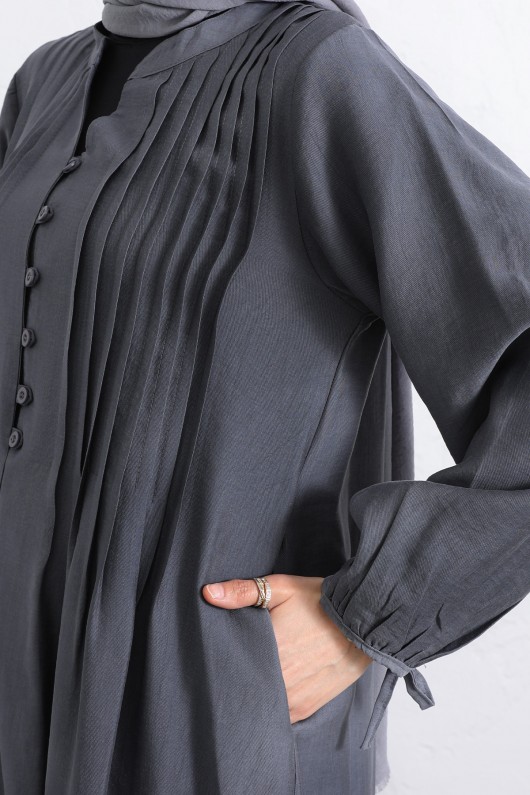 Önü Nervürlü Elbise Y0094 - FÜME