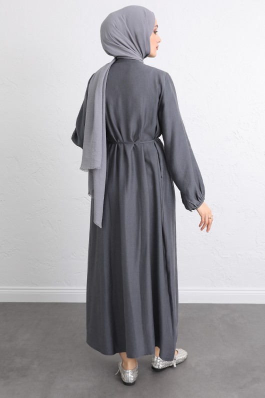 Önü Nervürlü Elbise Y0094 - FÜME