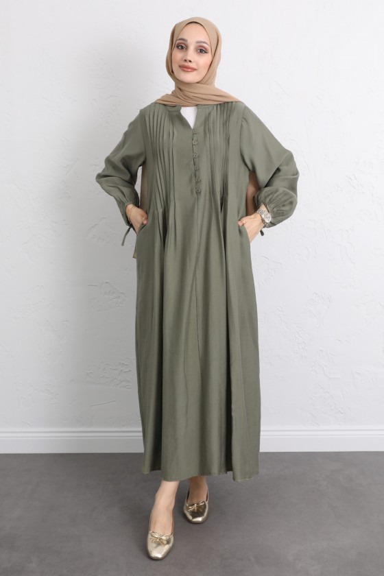 Önü Nervürlü Elbise Y0094 - HAKİ