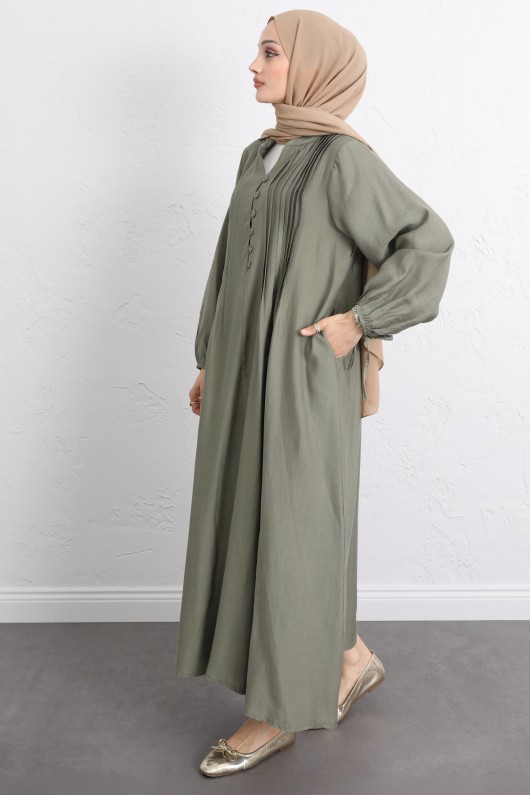 Önü Nervürlü Elbise Y0094 - HAKİ