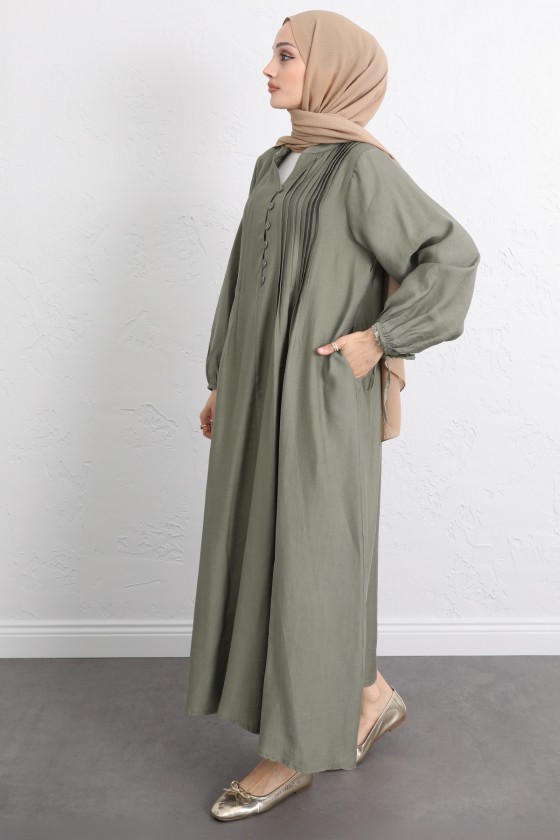 Önü Nervürlü Elbise Y0094 - HAKİ