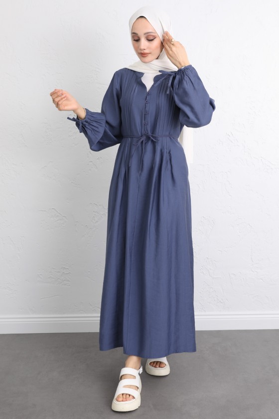 Önü Nervürlü Elbise Y0094 - İNDİGO