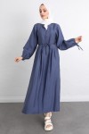 Önü Nervürlü Elbise Y0094 - İNDİGO Önü Nervürlü Elbise Y0094 - İNDİGO