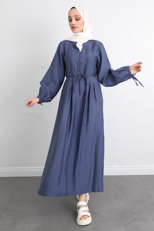 Önü Nervürlü Elbise Y0094 - İNDİGO Önü Nervürlü Elbise Y0094 - İNDİGO