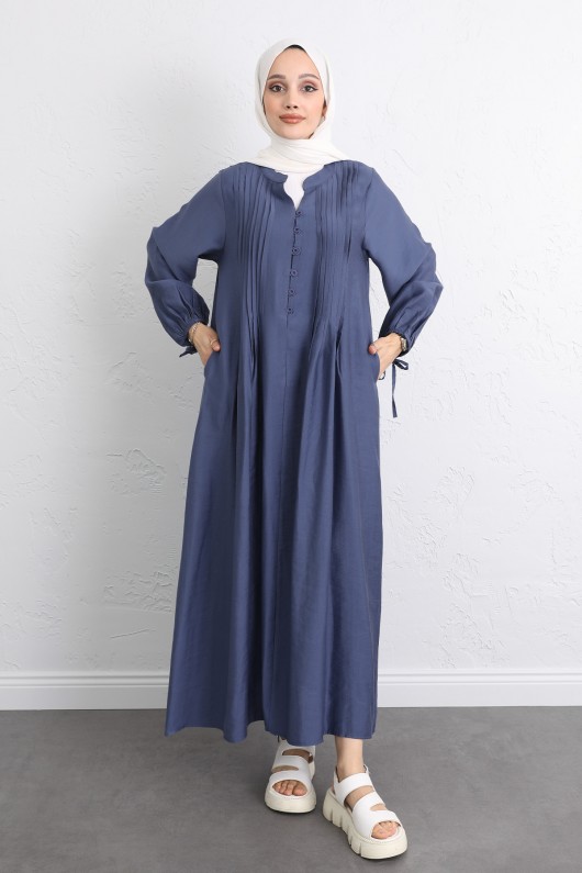 Önü Nervürlü Elbise Y0094 - İNDİGO Önü Nervürlü Elbise Y0094 - İNDİGO