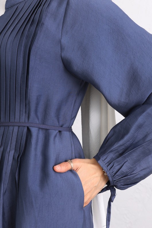 Önü Nervürlü Elbise Y0094 - İNDİGO Önü Nervürlü Elbise Y0094 - İNDİGO