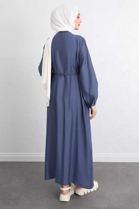 Önü Nervürlü Elbise Y0094 - İNDİGO Önü Nervürlü Elbise Y0094 - İNDİGO