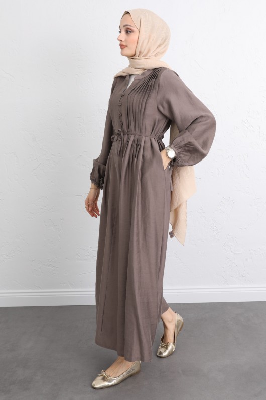 Önü Nervürlü Elbise Y0094 - KAHVERENGİ Önü Nervürlü Elbise Y0094 - KAHVERENGİ