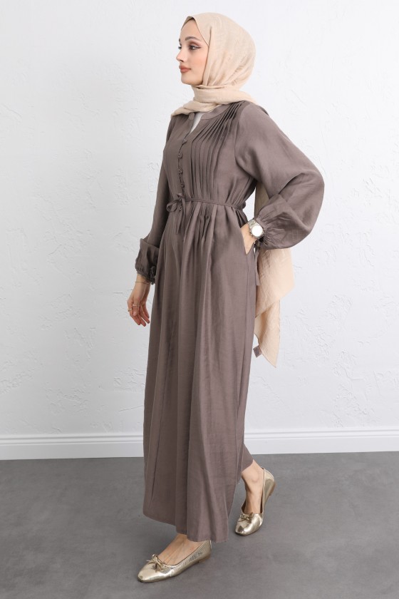 Önü Nervürlü Elbise Y0094 - KAHVERENGİ Önü Nervürlü Elbise Y0094 - KAHVERENGİ