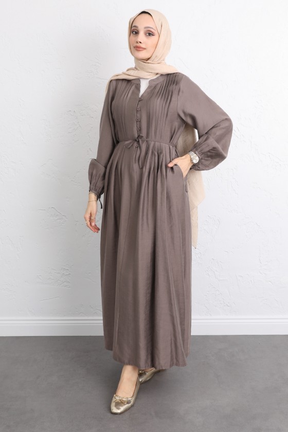 Önü Nervürlü Elbise Y0094 - KAHVERENGİ