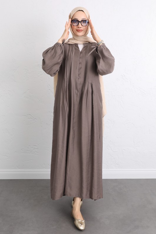 Önü Nervürlü Elbise Y0094 - KAHVERENGİ Önü Nervürlü Elbise Y0094 - KAHVERENGİ