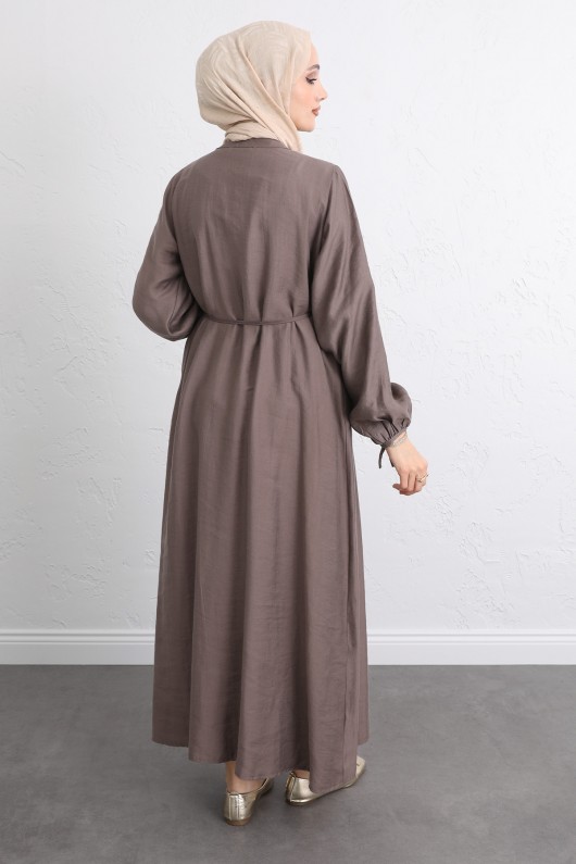 Önü Nervürlü Elbise Y0094 - KAHVERENGİ Önü Nervürlü Elbise Y0094 - KAHVERENGİ