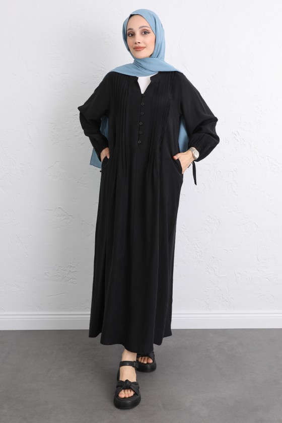 Önü Nervürlü Elbise Y0094 - SİYAH