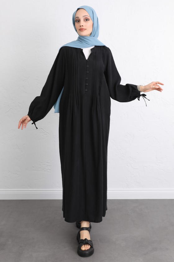 Önü Nervürlü Elbise Y0094 - SİYAH