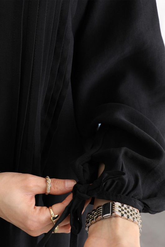 Önü Nervürlü Elbise Y0094 - SİYAH