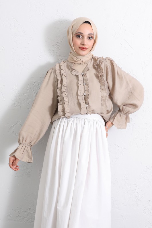 Şerit Fırfırlı Düğmeli Gömlek Y0096 - BEJ Şerit Fırfırlı Düğmeli Gömlek Y0096 - BEJ