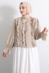 Şerit Fırfırlı Düğmeli Gömlek Y0096 - BEJ Şerit Fırfırlı Düğmeli Gömlek Y0096 - BEJ