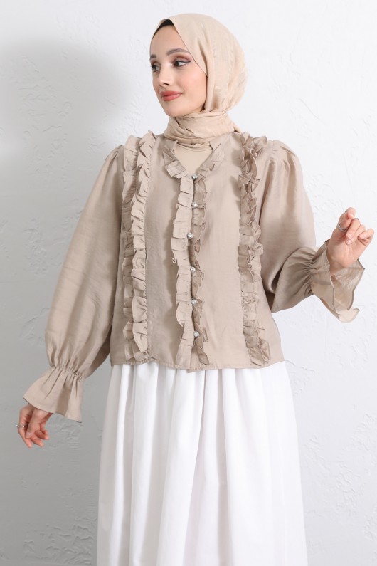 Şerit Fırfırlı Düğmeli Gömlek Y0096 - BEJ Şerit Fırfırlı Düğmeli Gömlek Y0096 - BEJ