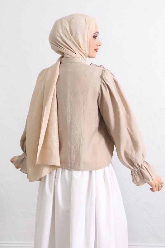 Şerit Fırfırlı Düğmeli Gömlek Y0096 - BEJ Şerit Fırfırlı Düğmeli Gömlek Y0096 - BEJ