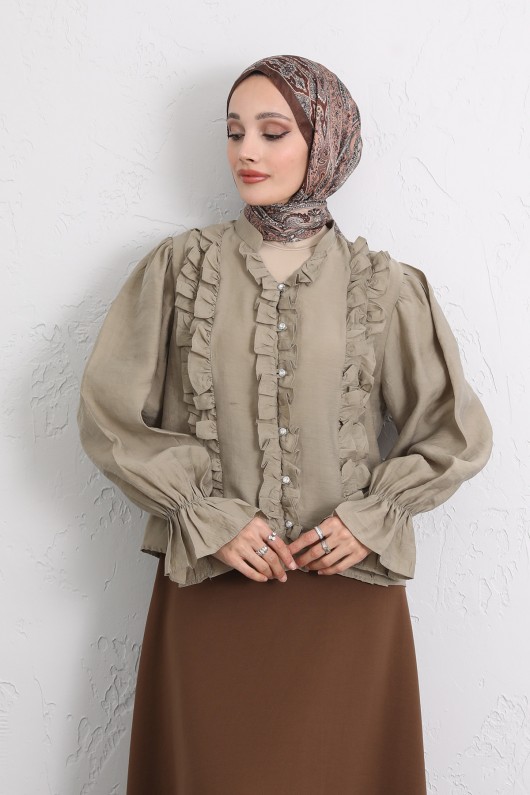 Şerit Fırfırlı Düğmeli Gömlek Y0096 - HAKİ