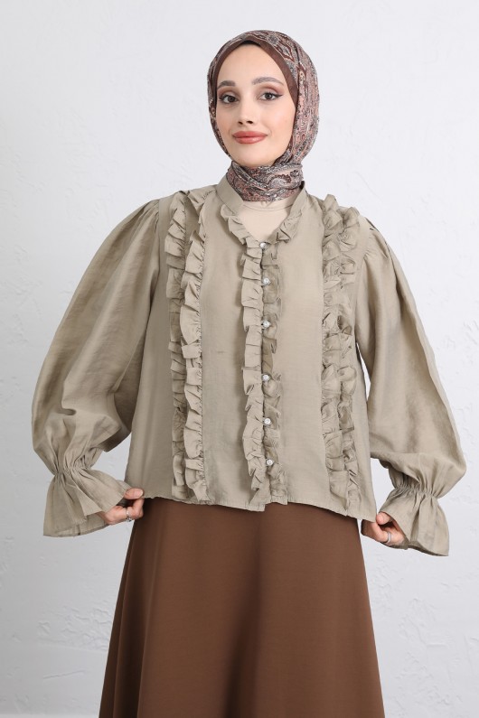 Şerit Fırfırlı Düğmeli Gömlek Y0096 - HAKİ