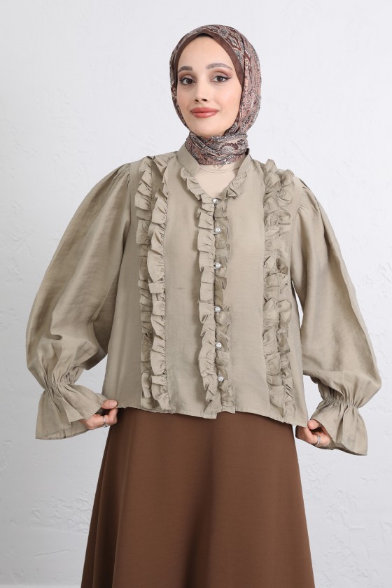 Şerit Fırfırlı Düğmeli Gömlek Y0096 - HAKİ