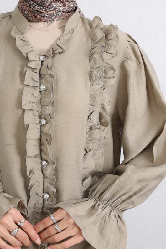 Şerit Fırfırlı Düğmeli Gömlek Y0096 - HAKİ