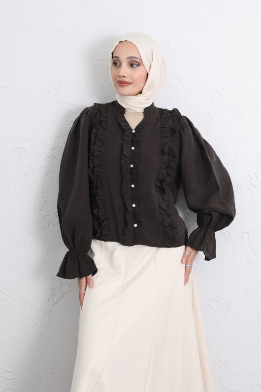 Şerit Fırfırlı Düğmeli Gömlek Y0096 - KOYU KAHVERENGİ Şerit Fırfırlı Düğmeli Gömlek Y0096 - KOYU KAHVERENGİ