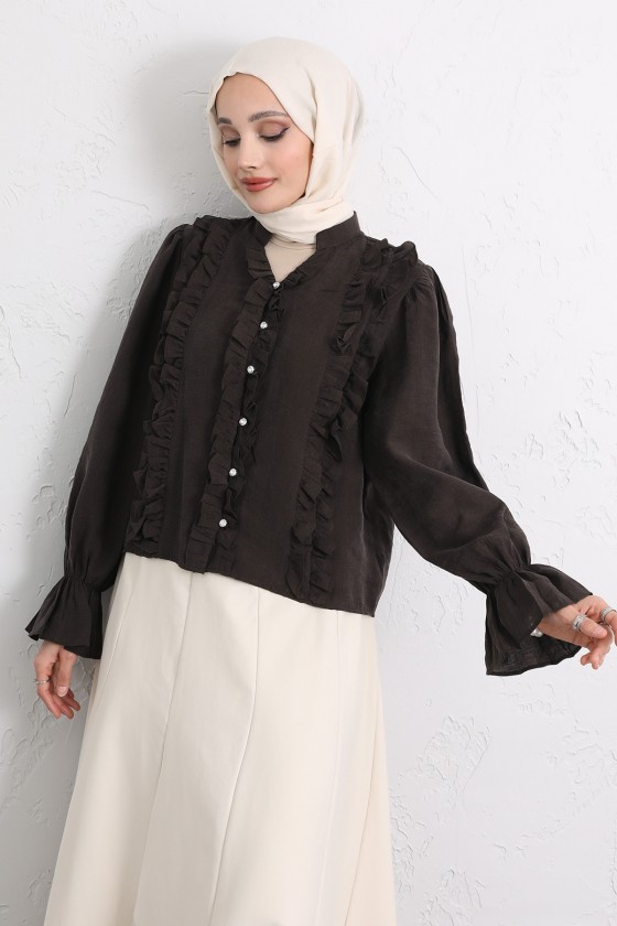 Şerit Fırfırlı Düğmeli Gömlek Y0096 - KOYU KAHVERENGİ Şerit Fırfırlı Düğmeli Gömlek Y0096 - KOYU KAHVERENGİ