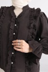 Şerit Fırfırlı Düğmeli Gömlek Y0096 - KOYU KAHVERENGİ Şerit Fırfırlı Düğmeli Gömlek Y0096 - KOYU KAHVERENGİ