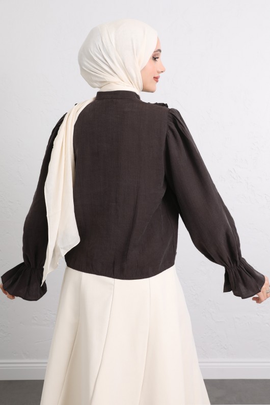 Şerit Fırfırlı Düğmeli Gömlek Y0096 - KOYU KAHVERENGİ Şerit Fırfırlı Düğmeli Gömlek Y0096 - KOYU KAHVERENGİ