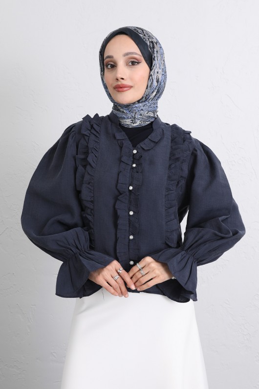 Şerit Fırfırlı Düğmeli Gömlek Y0096 - LACİVERT