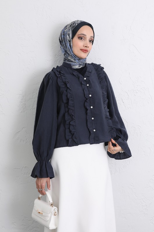 Şerit Fırfırlı Düğmeli Gömlek Y0096 - LACİVERT