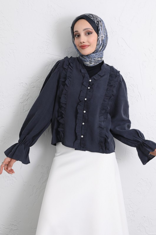 Şerit Fırfırlı Düğmeli Gömlek Y0096 - LACİVERT