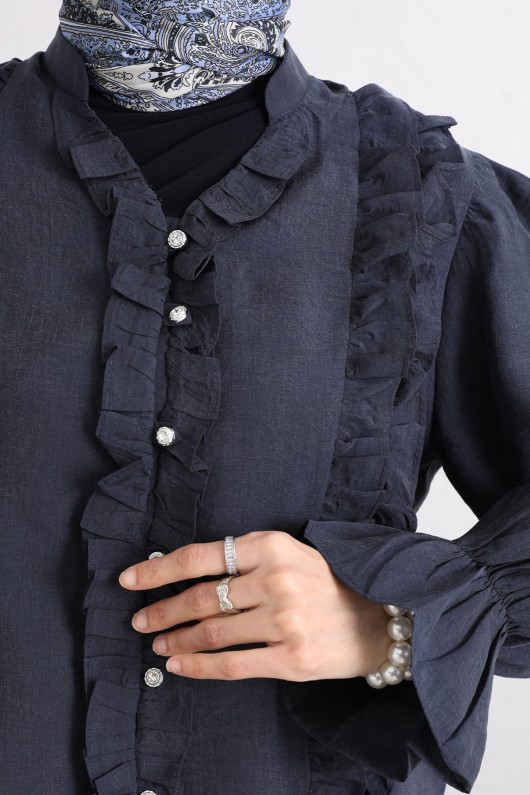 Şerit Fırfırlı Düğmeli Gömlek Y0096 - LACİVERT