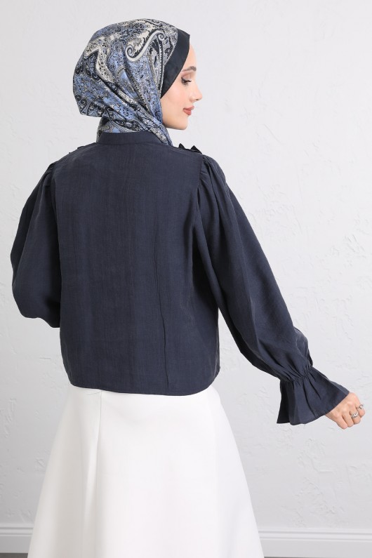 Şerit Fırfırlı Düğmeli Gömlek Y0096 - LACİVERT
