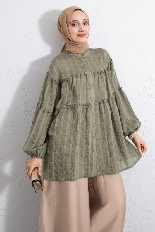 Katlı Büzgülü Gömlek Y0098 - HAKİ Katlı Büzgülü Gömlek Y0098 - HAKİ