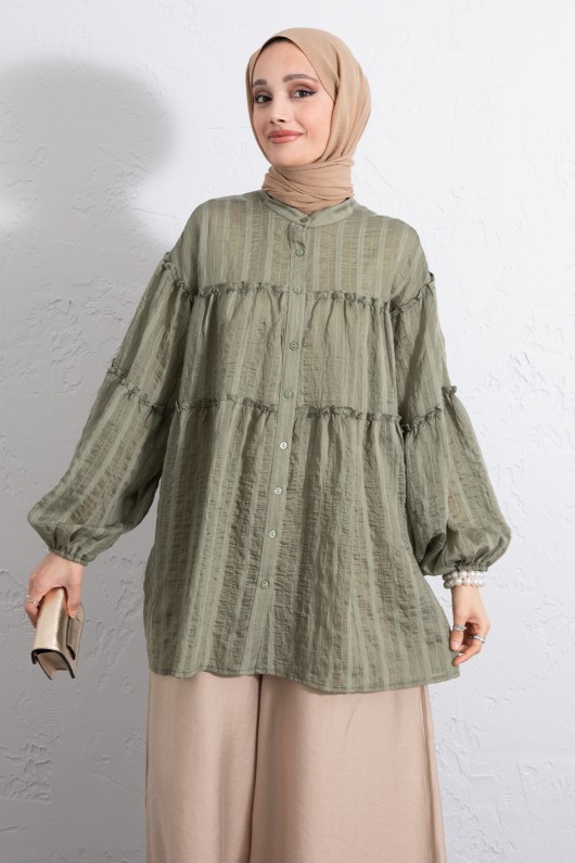 Katlı Büzgülü Gömlek Y0098 - HAKİ Katlı Büzgülü Gömlek Y0098 - HAKİ