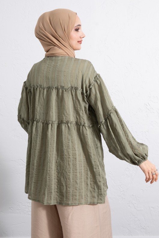 Katlı Büzgülü Gömlek Y0098 - HAKİ Katlı Büzgülü Gömlek Y0098 - HAKİ