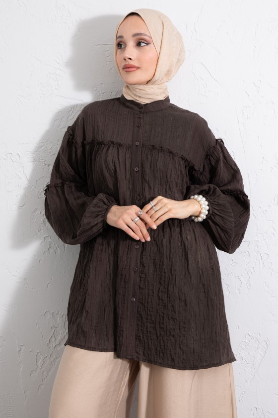 Katlı Büzgülü Gömlek Y0098 - KAHVERENGİ